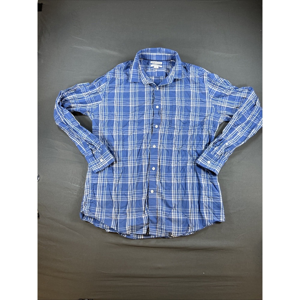 Amazon Essentials blue and white plaid long-sleeve button-up shirt Large